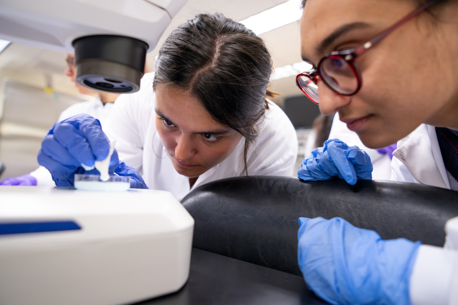 Close shot of two researchers working in a wet lab