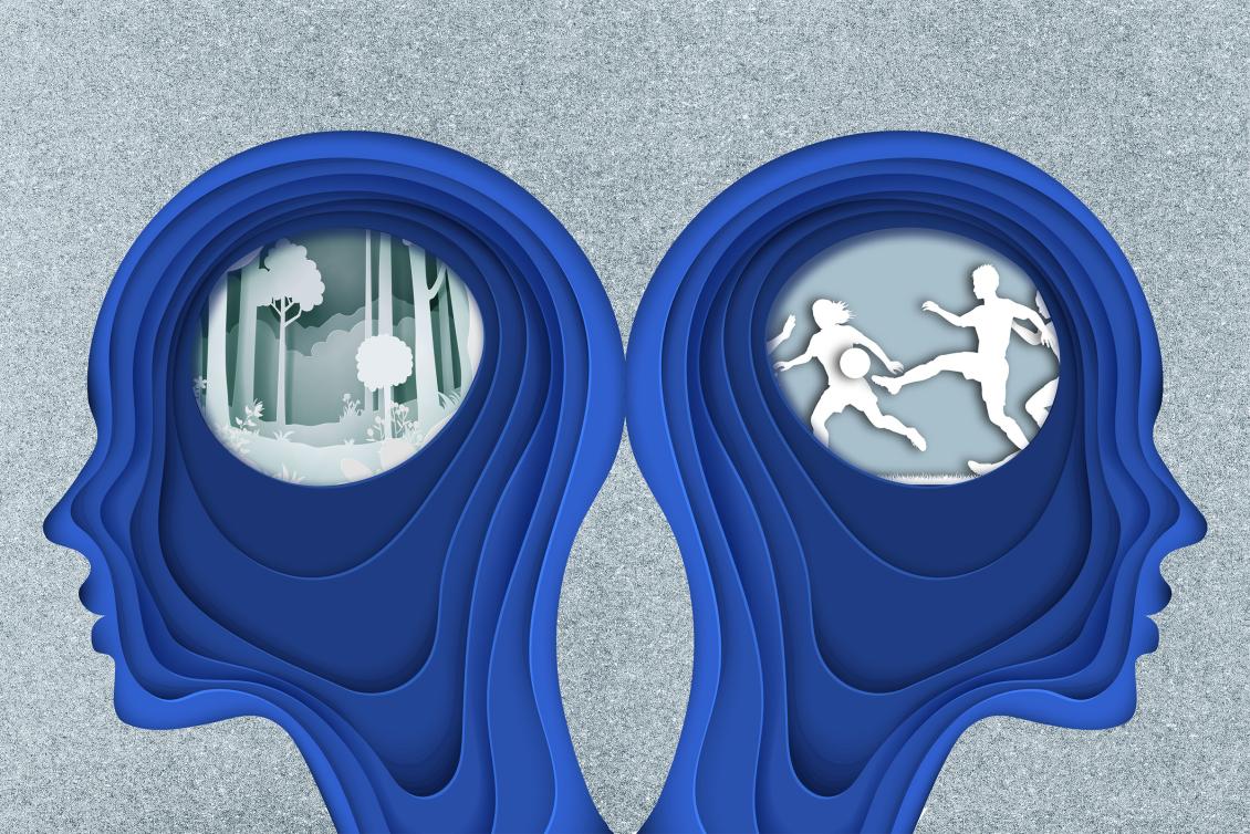 Illustration. Two profiles of human heads. In the brain area of one, an image of a forest. In the other, a soccer match.